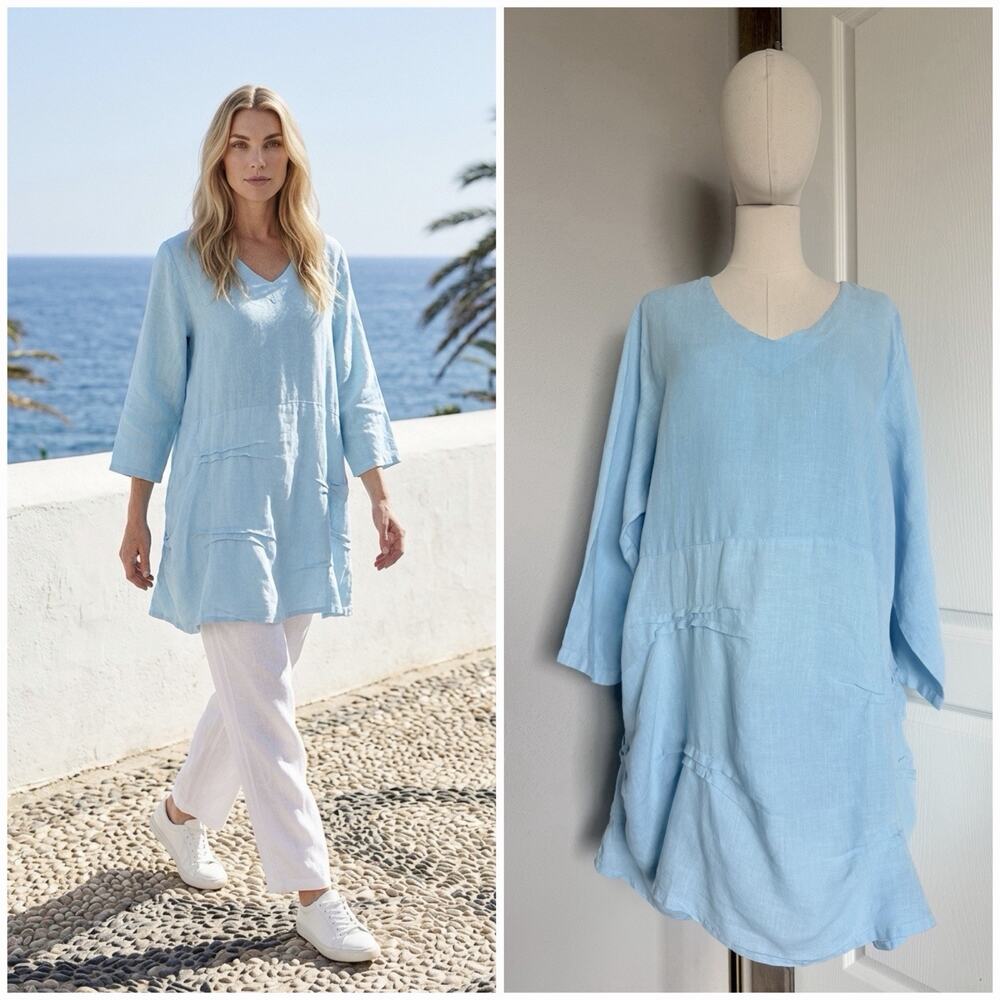 La Fixsun Sz S Blue Linen Tunic Top Women Layered Lagenlook Pleated Oversized